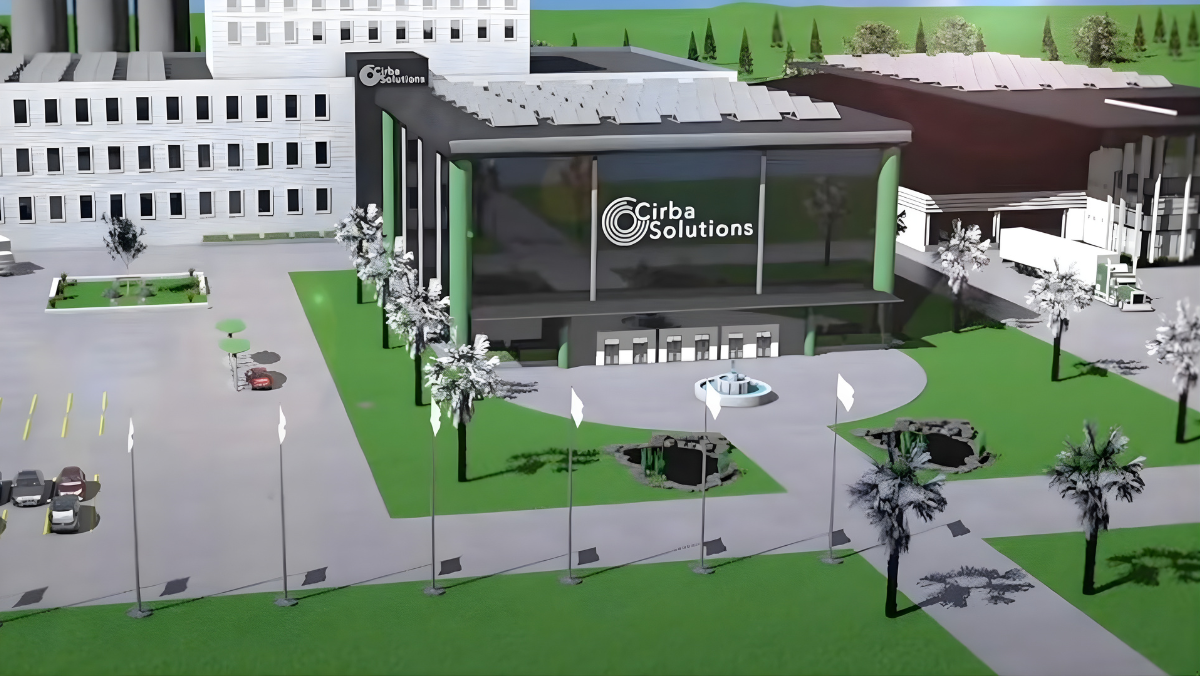 Cirba Solutions facility rendering with large recycling plant buildings and landscaped grounds.