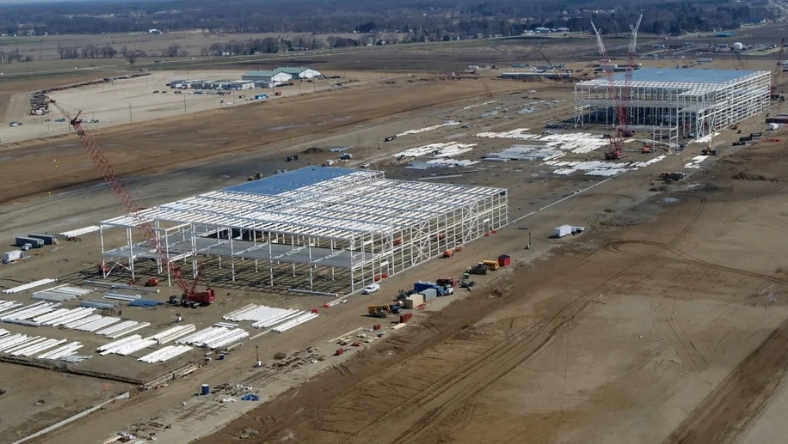 Aerial view of new energy storage facilities being built on open land