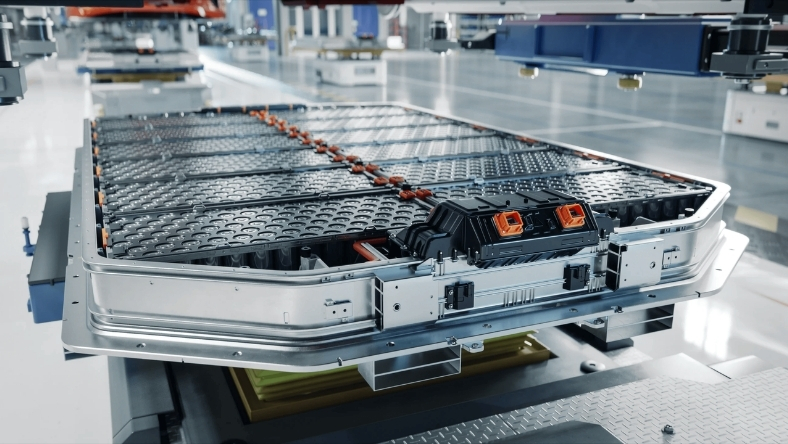 Large lithium-ion battery pack positioned on an automated manufacturing line
