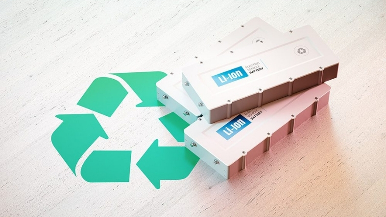 Lithium-ion battery packs placed over green recycling symbol on white surface